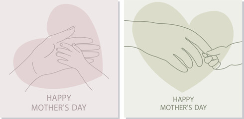 Mother's day celebration. greeting card. Vector banner. line art set of illustrations, graphic, poster. Mothers day pictures.Mom hugging her baby. 