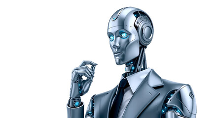 A sleek, humanoid android with a radiant, polished metallic skin that shimmers like chrome, adorned with intricate, glowing blue cybernetic circuits and accents, stands confidently in a professional b