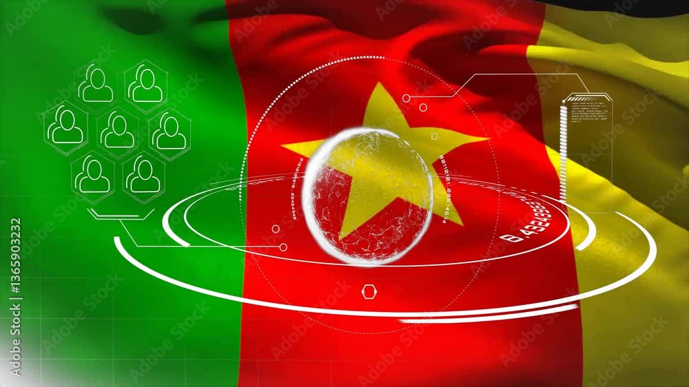 Poster cameroon flag with digital network and data processing animation overlay