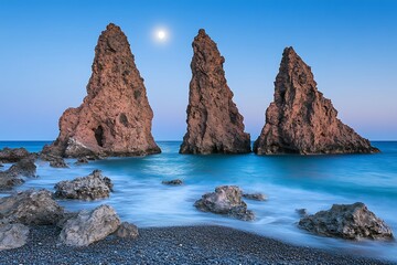 Three tall rock formations rise from the ocean under a full moon