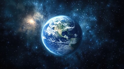 Obraz premium Earth floating in space, with the sun illuminating its thin, glowing blue atmosphere