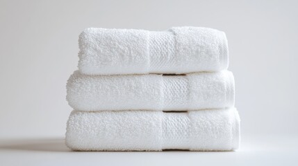 A stack of three clean white towels on a white background