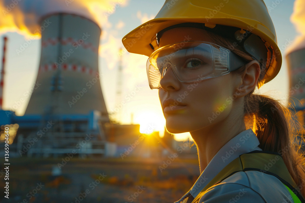 Poster engineer against of a nuclear reactor turbine in industrial setting generative ai