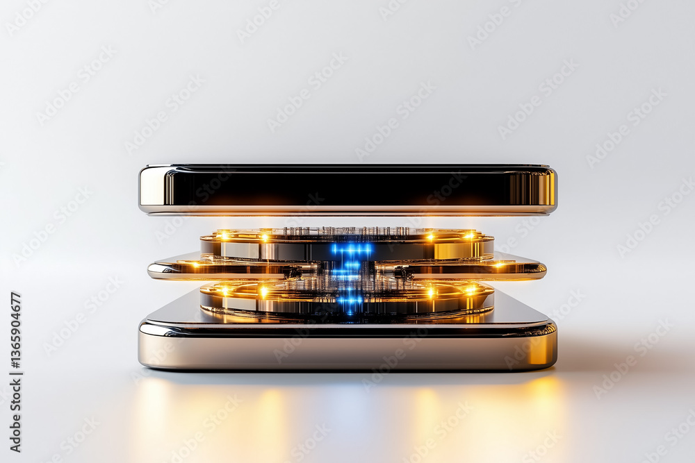Poster Smartphone components arranged in a dynamic layout with glowing lights and high-tech features. Modern design highlights innovation in mobile technology