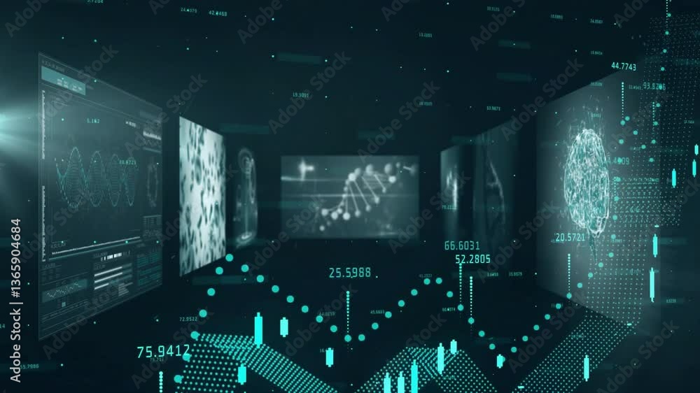 Poster digital screens showing dna strand animation and scientific data in futuristic lab