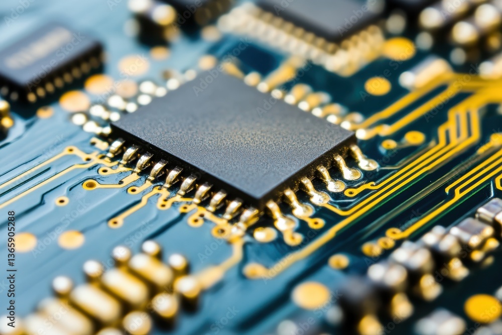 Poster close-up of a computer circuit board revealing intricate electronic connections and a chip