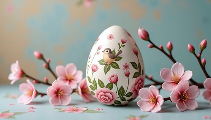 Fototapeta premium Decorated Easter egg with floral design on pastel background for spring celebration