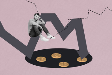 Contemporary artwork collage of puzzled businessman sit arrow decline crack coin dollar inflation...