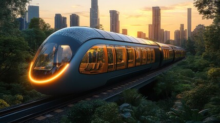 A sleek maglev train travels smoothly along tracks surrounded by lush greenery and towering skyscrapers during a vibrant sunset, highlighting advancements in transportation and mobility.