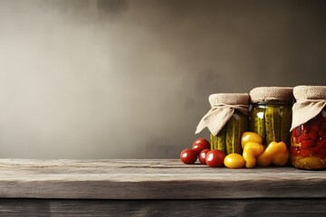 Rustic Wooden Table with Jars of Pickles and Preserved Vegetables