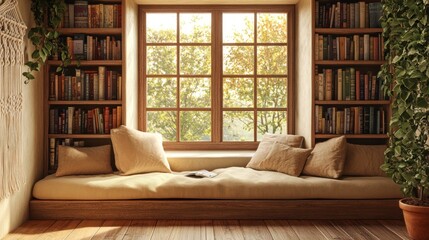 Cozy reading nook window seat, autumn leaves, bookshelves