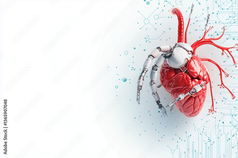 Poster robotic hand extends towards synthetic red heart in high-tech environment. futuristic design feature
