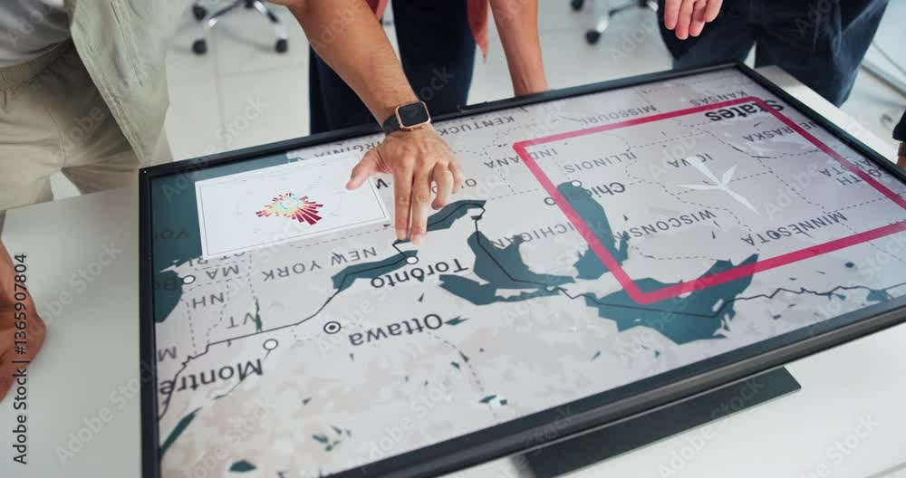 Poster people, explain and screen with map in office for global selection, location target and turbine proj