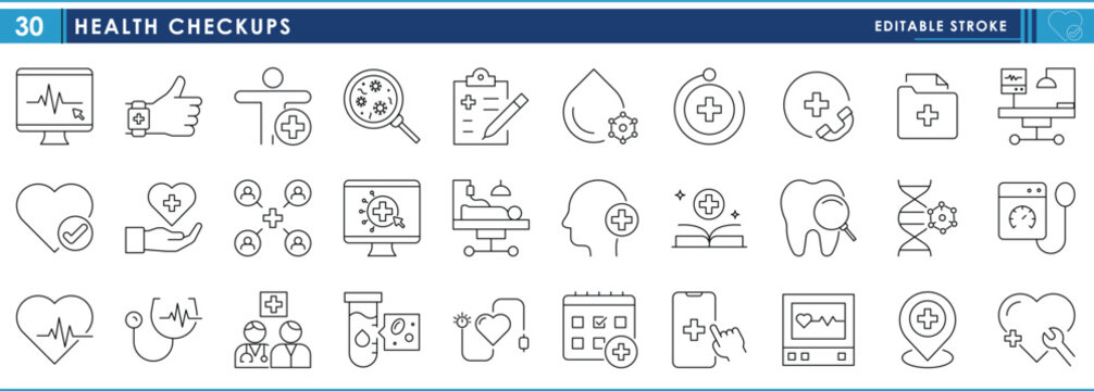 A set of line icons related to Health Checkups. Health, checkup, hospital, medical symbols, tools, equipment, lab, and so on. Vector editable stroke.