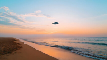 Obraz premium Coastal Beach Scene At Sunset With An Aerial Object Above Ocean And Misty Horizon With Golden And Blue Hues