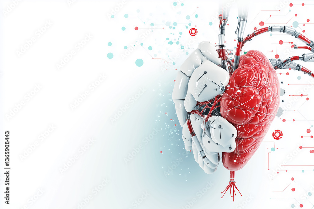 Aufkleber robotic hand holding vibrant red human brain with neural connections. abstract technology background