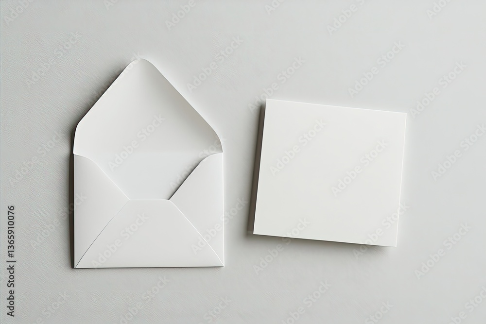 Poster white open envelope with square card still life on light gray textured surface