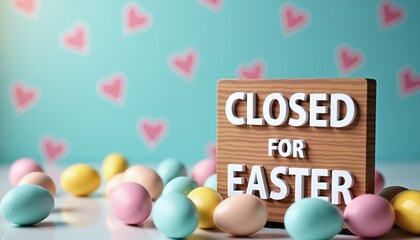Closed for Easter Sign with Pastel Eggs on Vibrant Background, Holiday Announcement