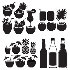 set vector various, Coconut Coconut Cocktail Tropical Drink silhouettes