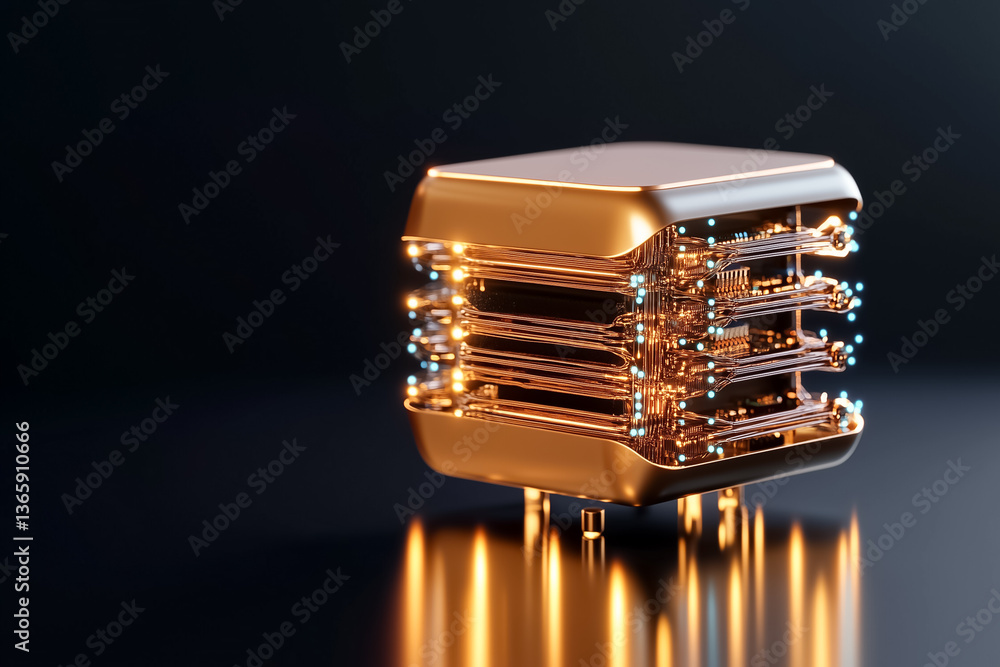 Poster quantum computer with intricate circuitry design emits a glow against a dark background. this settin