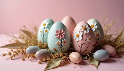 Fototapeta premium Elegant pastel Easter eggs with floral patterns, perfect for spring decoration