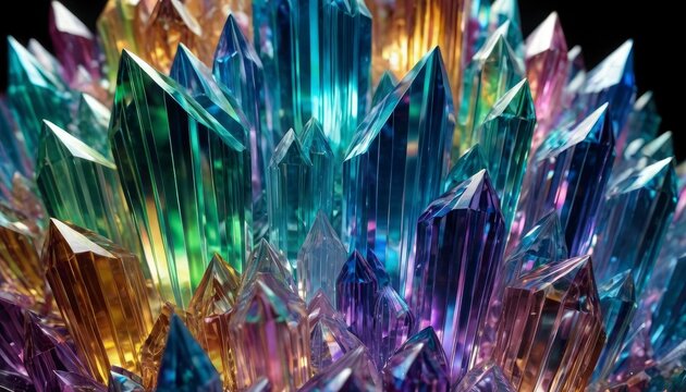 Crystal Cluster: A vibrant and mesmerizing close-up showcasing a cluster of sparkling crystals with an array of vivid colors and intricate details.