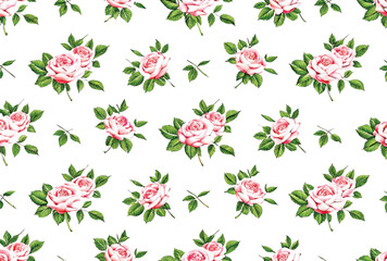 a seamless Repeatable pattern featuring delicate watercolor roses, peonies , floral pattern, on a white background