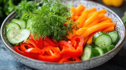 A plate of healthy vegetables, including carrots, cucumbers, and bell peppers