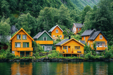 Fototapeta premium Row of yellow houses on water, reflecting in calm lake, surrounded by lush green trees under clear blue sky, creating serene and picturesque waterfront scene.