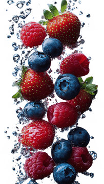 Mixed berries in a splash cluster &ndash; Commercial style photoshoot with water splashes &ndash; Transparent background
