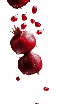 Whole pomegranate with bursting seeds &ndash; Commercial style photoshoot with water splashes &ndash; Transparent background