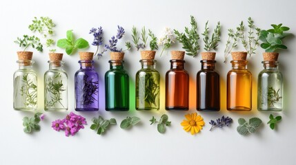 A collection of various essential oils in glass bottles, placed on a white background