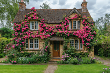 Pink flowers bloom at the front of a charming house, adding a touch of beauty to the quaint facade.