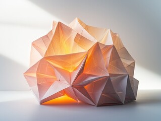 Abstract geometric paper sculpture with warm glow and intricate folds