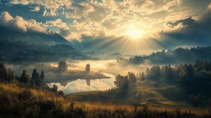 A beautiful mountain landscape with a lake and a forest. The sun is shining brightly, creating a warm and peaceful atmosphere