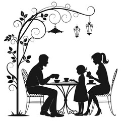 Silhouette of a couple sitting at a table with cups of coffee vector