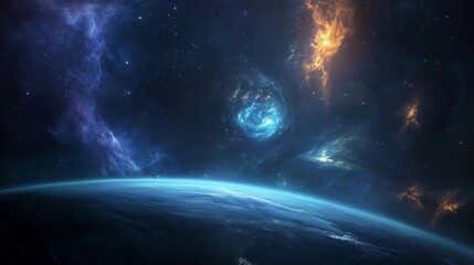 Obraz premium A blue planet with a yellow and orange star in the background. The planet is surrounded by a lot of stars and space