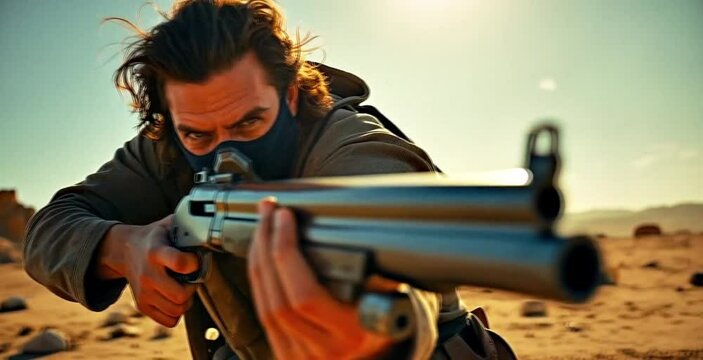 A man in a desert landscape aims a shotgun at the camera. He wears a dark face covering, standing still in a tense stance under a clear blue sky.