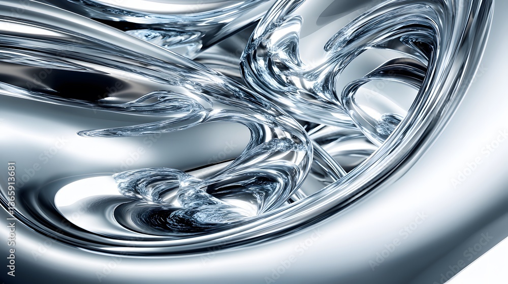 Poster abstract depiction of flowing metallic shapes and reflections within