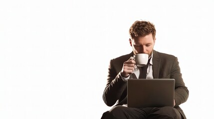 Young Professional in Smart Casual Attire Typing on Laptop with Coffee
