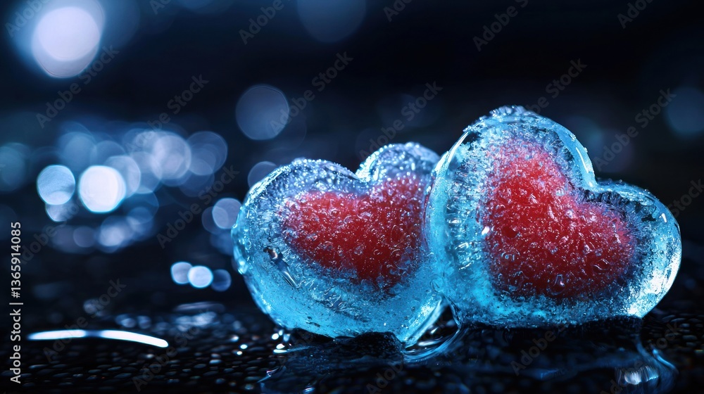 Poster two ice hearts with red centers resting on a reflective surface, surrounded by a soft blue bokeh bac