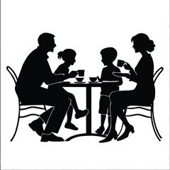 Black silhouettes of people sitting at restaurant tables eating and drinking vector illustration 