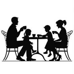 Black silhouettes of people sitting at restaurant tables eating and drinking vector illustration 