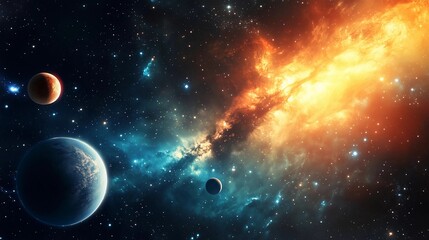 Fototapeta premium A colorful space scene with a yellow and orange cloud in the background. There are three planets in the foreground, one of which is a large blue planet