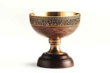 A decorative wooden goblet with gold trim on a white background.