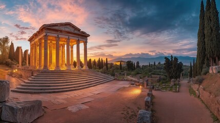 Fototapeta premium Ancient greek temple at sunset with lush greenery and cypress trees