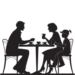 Black silhouettes of people sitting at restaurant tables eating and drinking vector illustration 