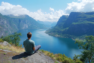 Naklejka premium Man sitting on rock, gazing at serene lake view.