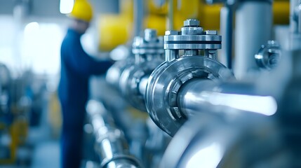 Precision and Performance: An industrial worker in a yellow helmet inspects a complex network of stainless steel pipes and valves in a manufacturing environment.