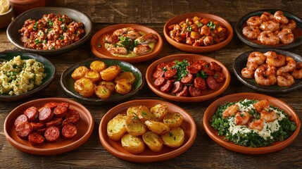 Fototapeta premium Assorted spanish tapas platter with grilled shrimp, chorizo, and vegetables on rustic wooden table